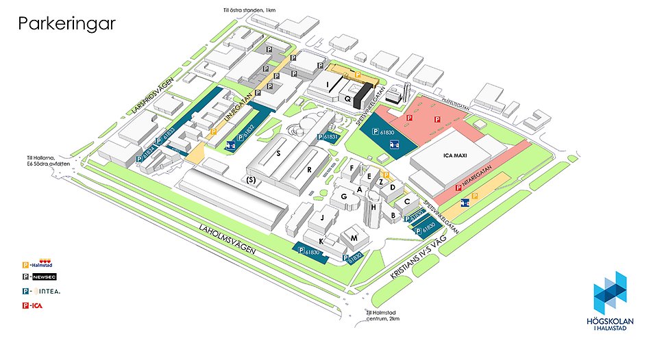 Karta som visar var de olika parkeringsplatserna på campus finns och vilka aktörer som ansvarar för vilka parkeringsplatser. Illustration.