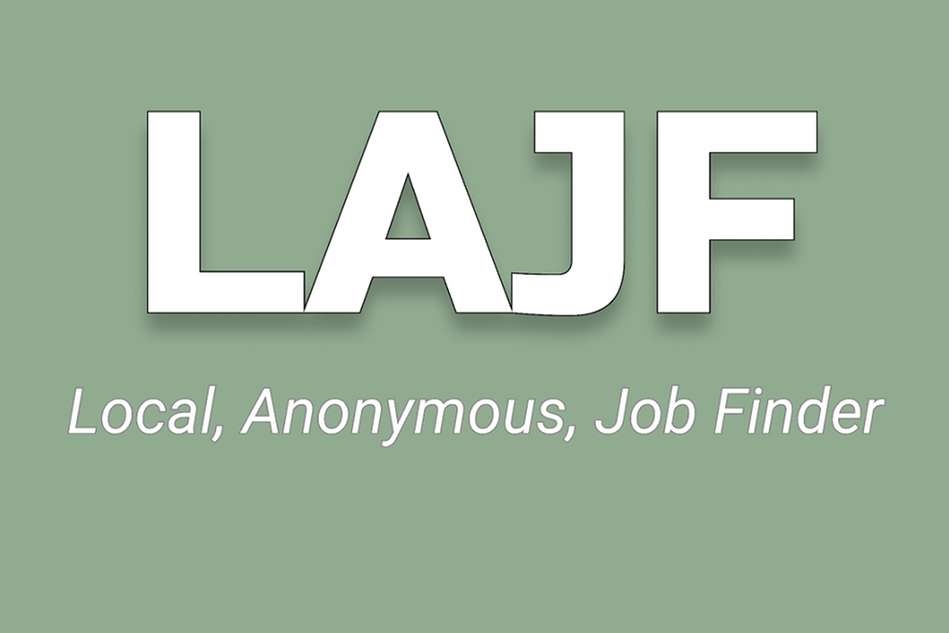 Ljusgrön färgplatta med vit text LAJF Local, Anonymous Job Finder.