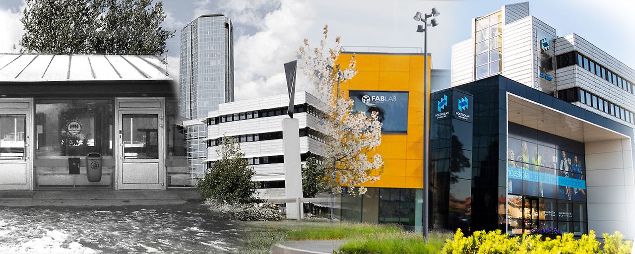 Ett kollage av fyra olika byggnader från vänster till höger, där färgen gradvis skiftar från svartvitt till färg. Foto. 