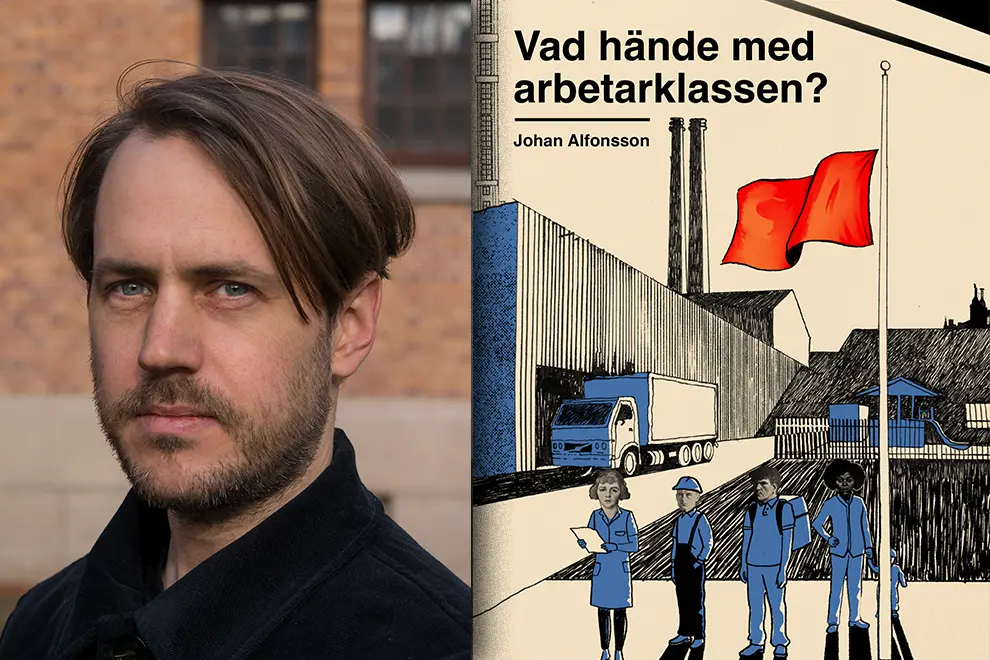 Bilden föreställer ett montage där ett porträtt av en person med svart skjorta syns till vänster och ett omslag till en bok syns till höger.