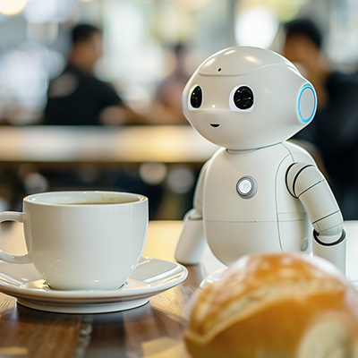 En kaffekopp, en liten robot och en fralla. Foto.