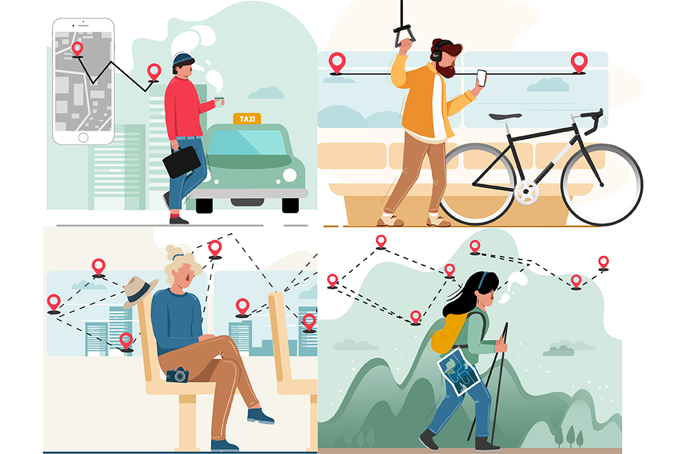 Kollage av personer som färdas på olika vis. Illustration.