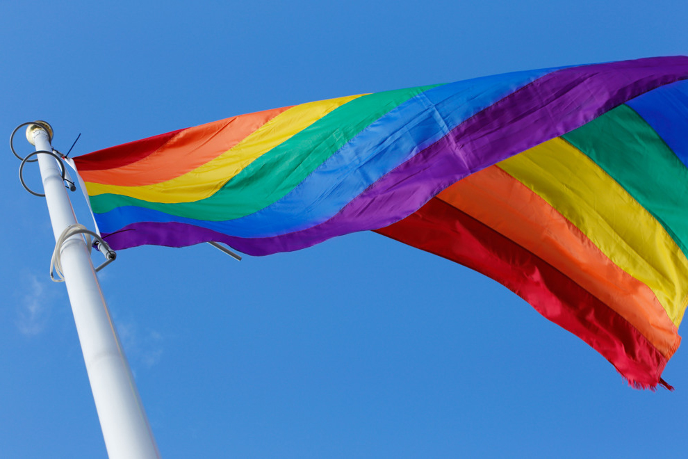 En regnbågsflagga på stång sedd underifrån. Foto