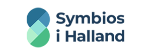Logo for Symbios i Halland. Text and a green and blue symbol with rounded shapes.