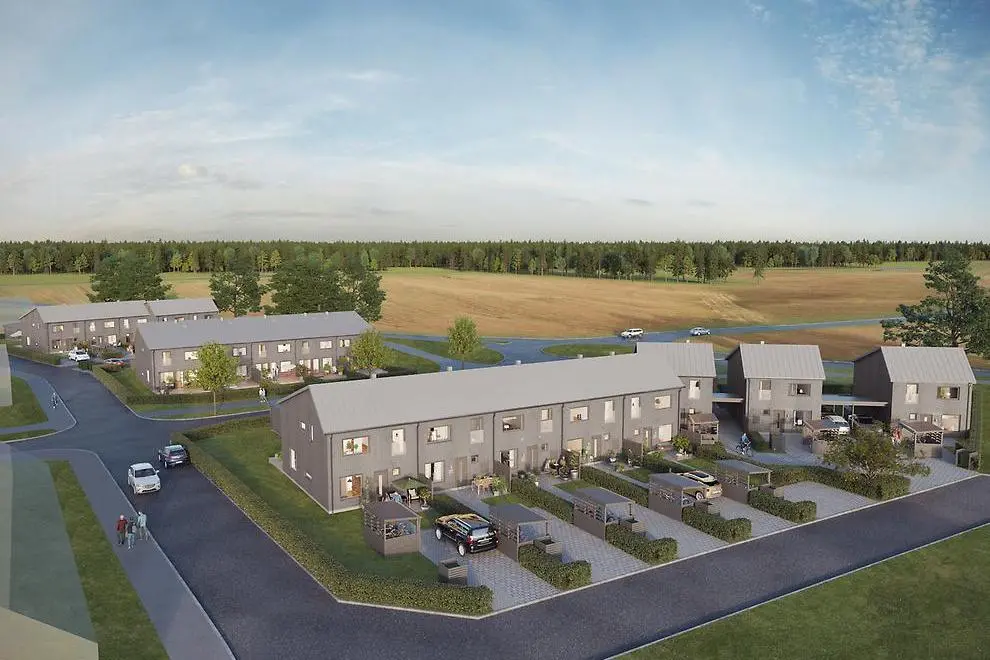 Bostadskvarter med radhus, parkerade bilar några människor. CAD-bild