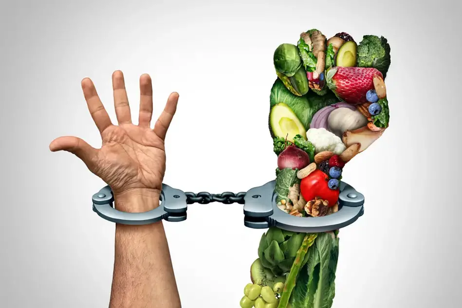 Two hands are bound in handcuffs. One of the hands is made of food.