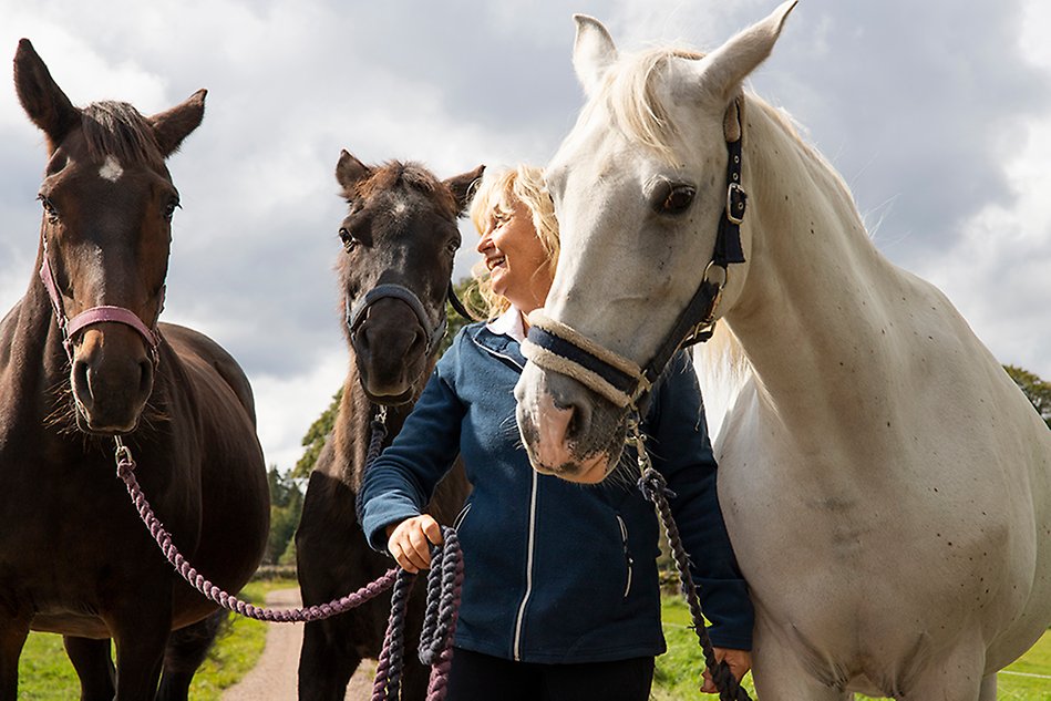 A person standing among three horses smiling. The horses are very close to the camera. Photo.