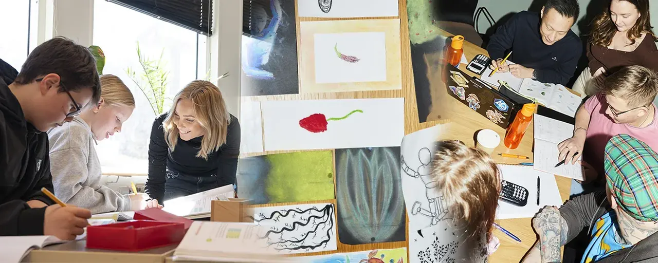 Ett fotokollage där bilder på studenter som pluggar tillsammans syns bredvid en student på praktik i en skolklass. I kollaget finns även konst som skapats tillsammans med eleverna.
