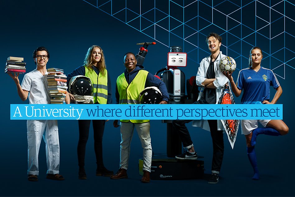 Five young people dressed as different professions, an overlay with the text "A University where different perspectives meet".