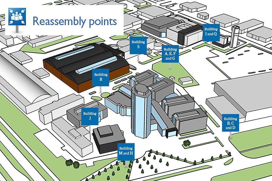 A map over campus that shows where the reassembly points are located. Illustration.