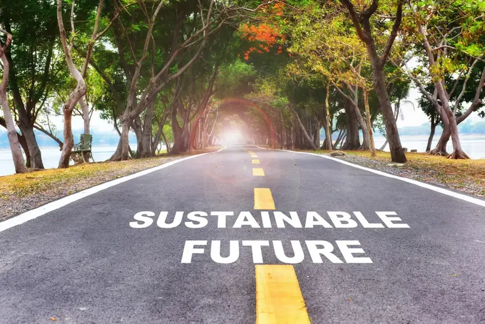 En väg omgiven av träd. På vägen står det Sustainable future. Foto