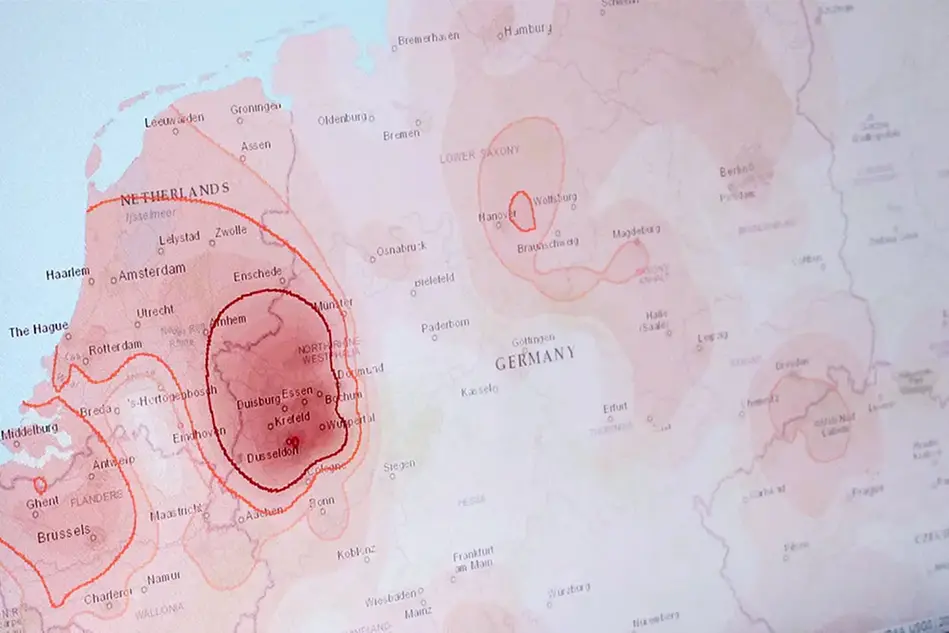 En karta över Centraleuropa med olika röda områden. Illustration