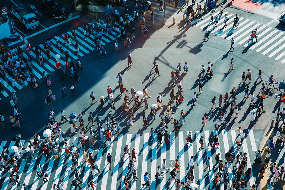 A large pedestrian crossing from above with many people walking in different directions. Photo. 