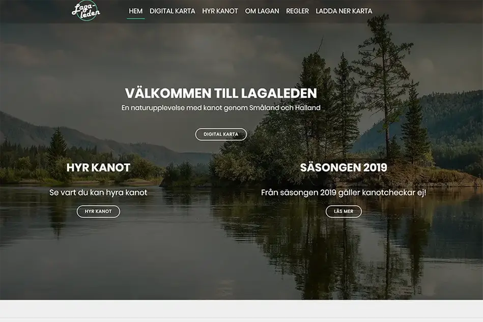 Skärmdump från webbsida med bild på sjö i bakgrunden, texten Välkommen till Lagaleden på bilden.