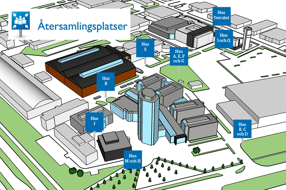 En karta över campus som visar var återsamlingsplatserna är placerade. Illustration.
