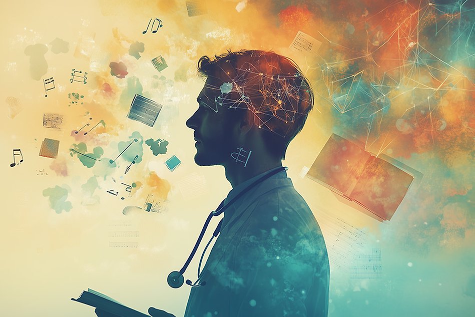 Yellow and blue toned illustration of a person wearing a stethoscope. Musical notes and art supplys can be seen floating around. Illustration.