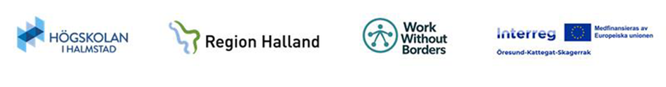Logotyper för Högskolan i Halmstad, Region Halland, Work Without Borders och Interreg.