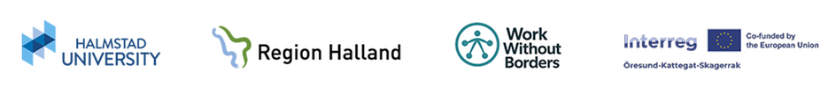 Logos for Halmstad University, Region Halland, Work Without Borders and Interreg.