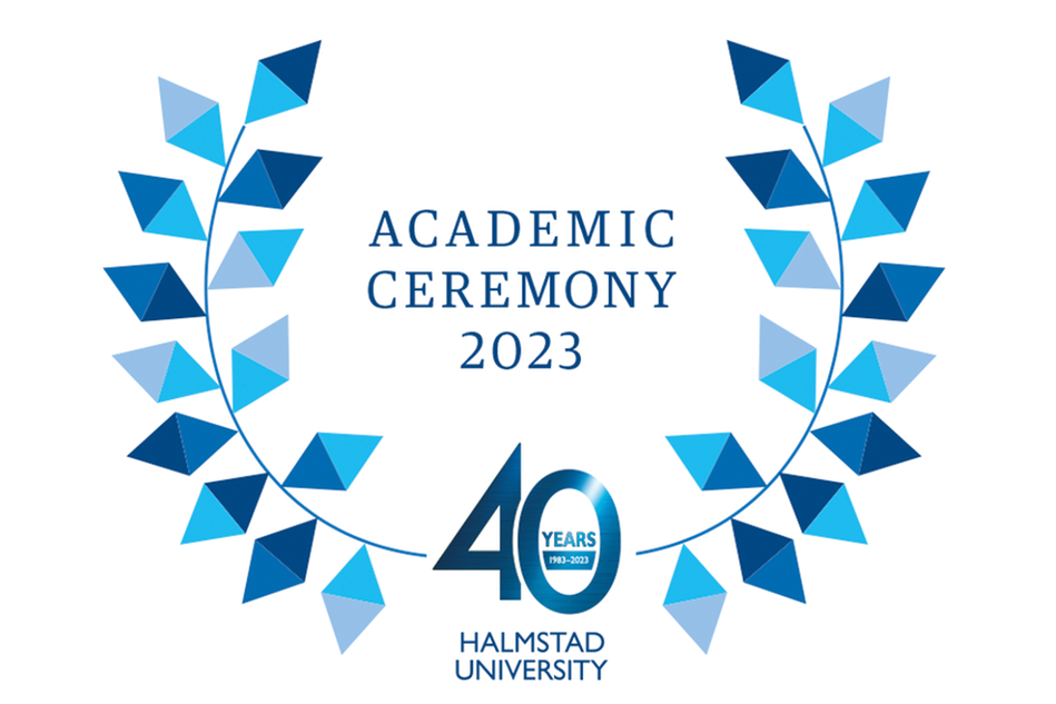 Two twigs with leaves in different blue colours, which encircle the text ”Academic ceremony 2023”. The twigs start at the bottom from a symbol that reads ”40 years, 1983–2023, Halmstad University”. Illustration.