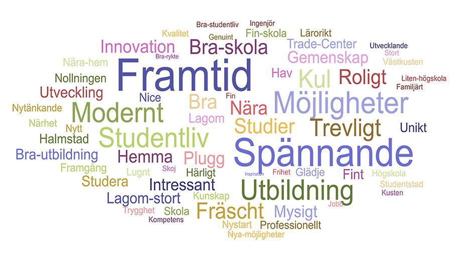 En bild visar ord som nybörjarstudenter förknippar med Högskolan i Halmstad. Till exempel framtid, spänning, möjligheter, modernitet och studentliv. 