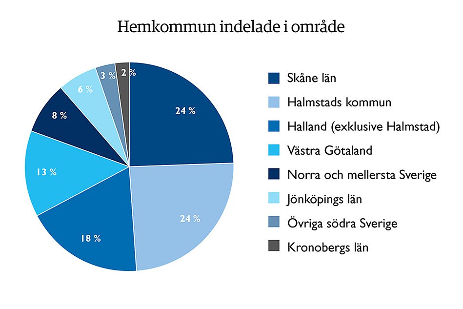 Tårtdiagram visar de kommuner flest nybörjarstudenter på Högskolan i Halmstad kommer från.