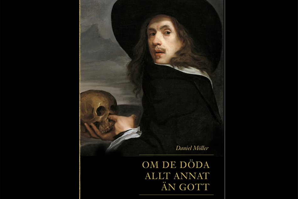 Man in black hat with a finger in the nose of a skull. Painting.