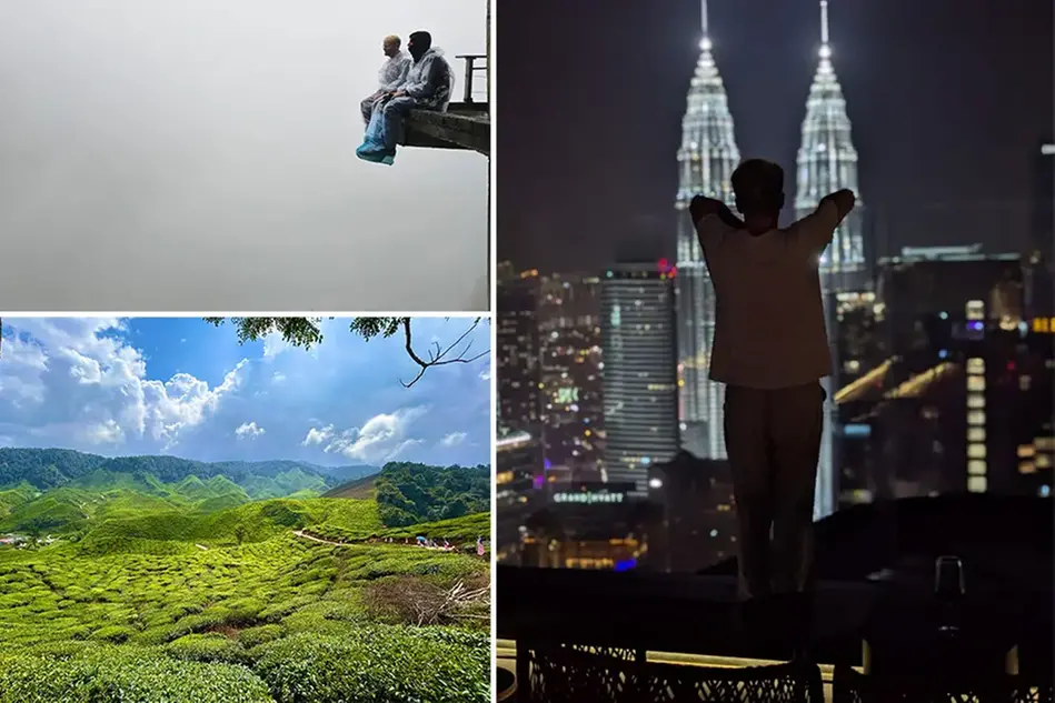 Bildkollage på natur, två personer vid en utsiktsplats och en person som ser ut över en storstad.