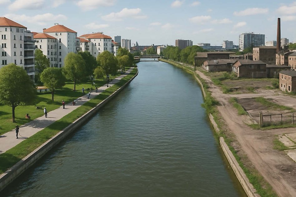 En å delar en stad i två. Till vänster finns grönområden och bostäder och till höger finns övergivna platser och industribyggnader. AI-genererad bild.
