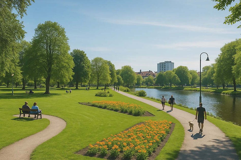 En å rinner till höger. Till vänster finns en park med människor. Foto.