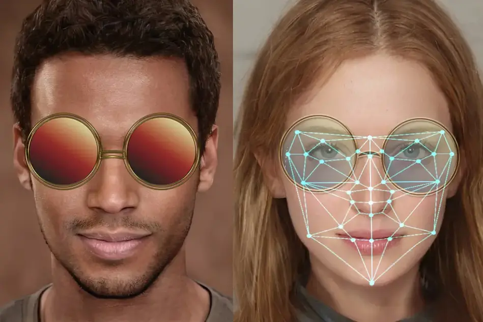 Man and woman wearing selfie filter sunglasses. Photo collage.