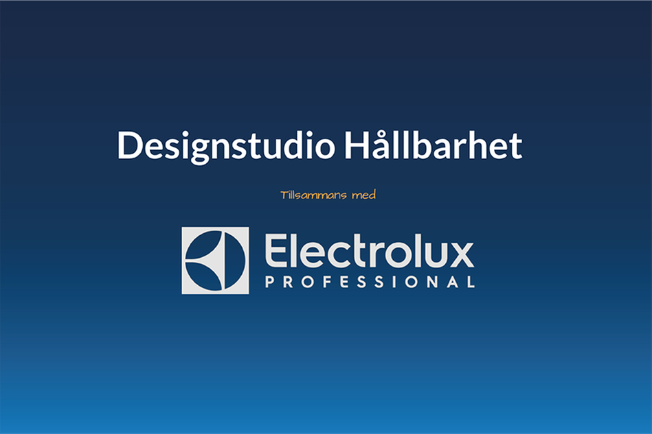 Mörkblå färgplatta med texten Designstudio hållbarhet tillsammans med Electrolux Professional samt Electrolux logotyp.