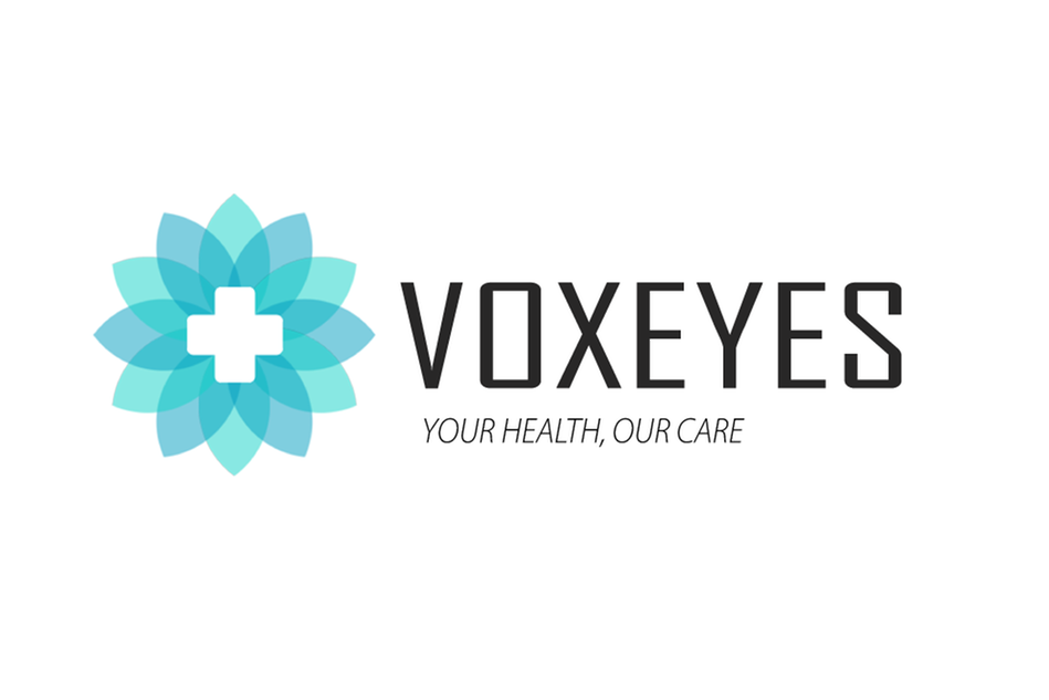 Vit bakgrund med logotyp för Voxeyes, samt text Your health, our care.