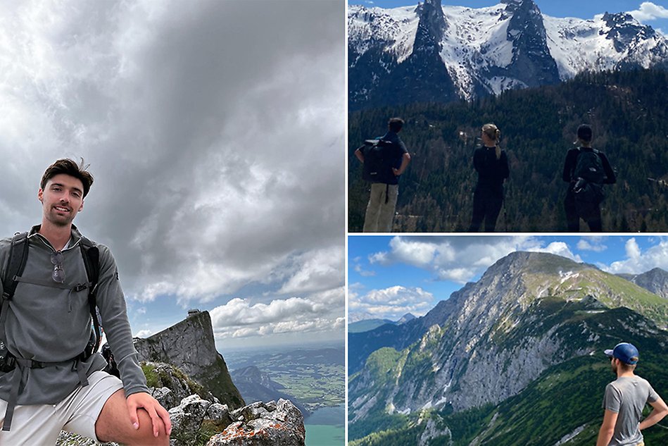 Ett kollage med tre bilder från Österrike. Bild 1. En man står uppe på ett berg. Bakom honom syns moln och utsikten över en dal. Bild 2. Tre personer står och tittar ut över ett snöbeklätt berg. Nedanför berget finns en barrskog. Bild 3. En man står uppe på ett berg och tittar ut över ett bergigt landskap. Foto.