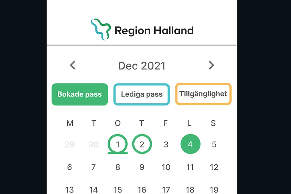 En bild på en kalender med datum i december månad där man ser tre knappar med texten bokade pass, lediga tider respektive tillgänglighet.