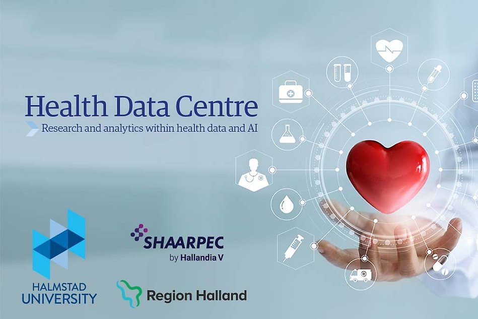 A hand holding a heart. From the heart, different icons are connected. Three logotypes are on the image: Halmstad University, Region Halland and SHAARPEC.