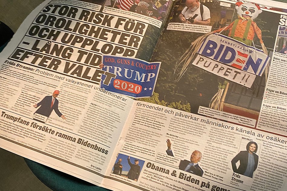 Ett tidningsuppslag som handlar om presidentvalet i USA 2020.