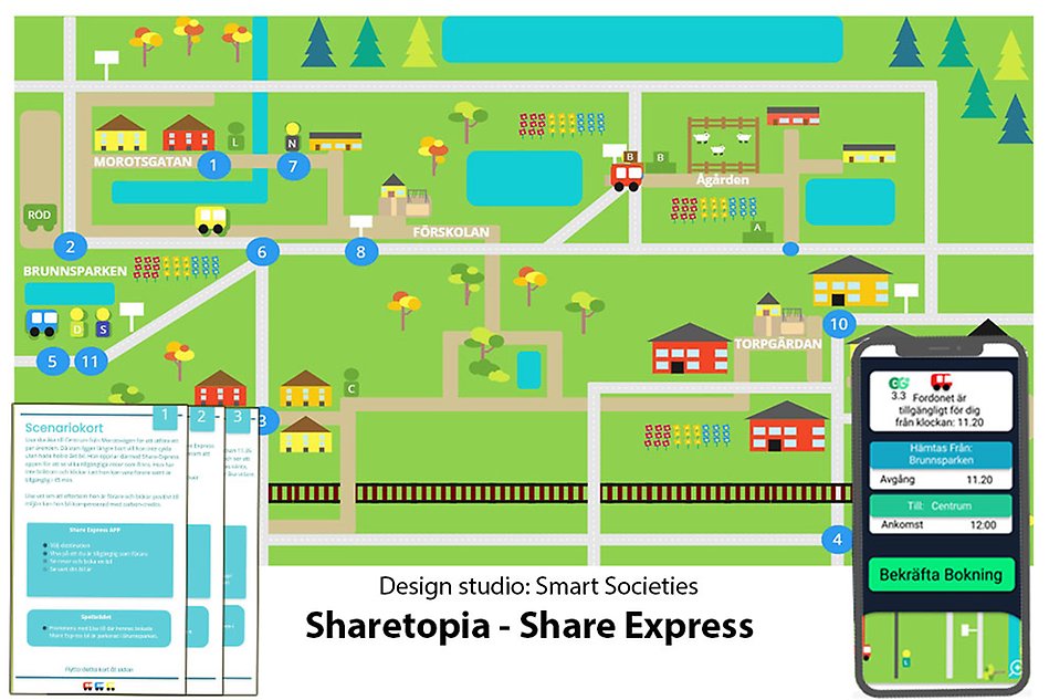 Skärmbild på en animerad karta med hus, vägar, järnvägar och fordon. 