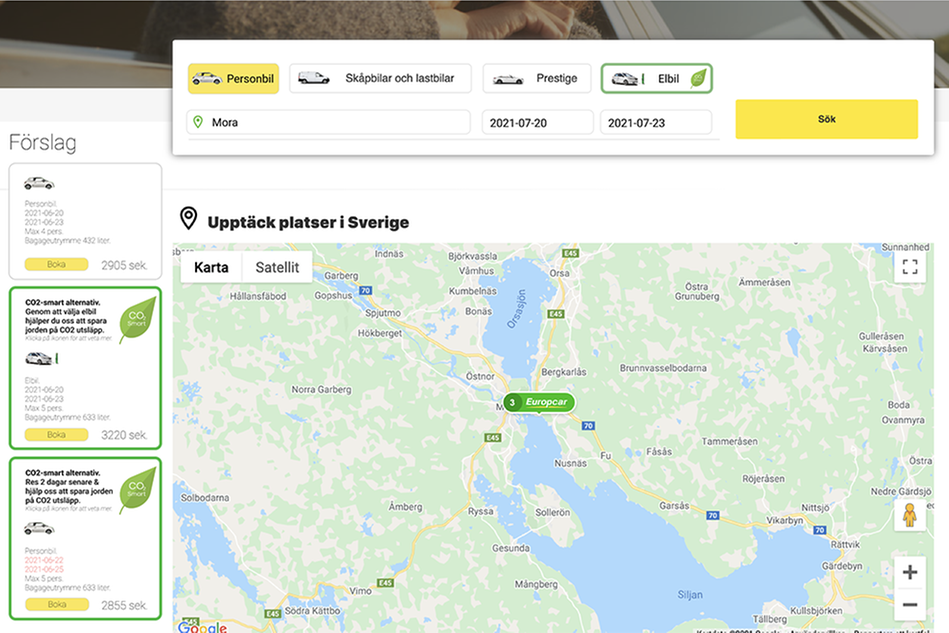 Skärmbild av tjänst för uthyrning av bilar, med sökfunktion och karta.