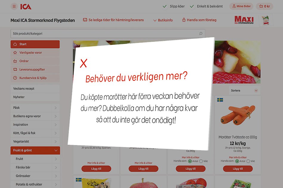 Skärmbild på digital mathandel med popup-fönster som frågar om köpet är nödvändigt.