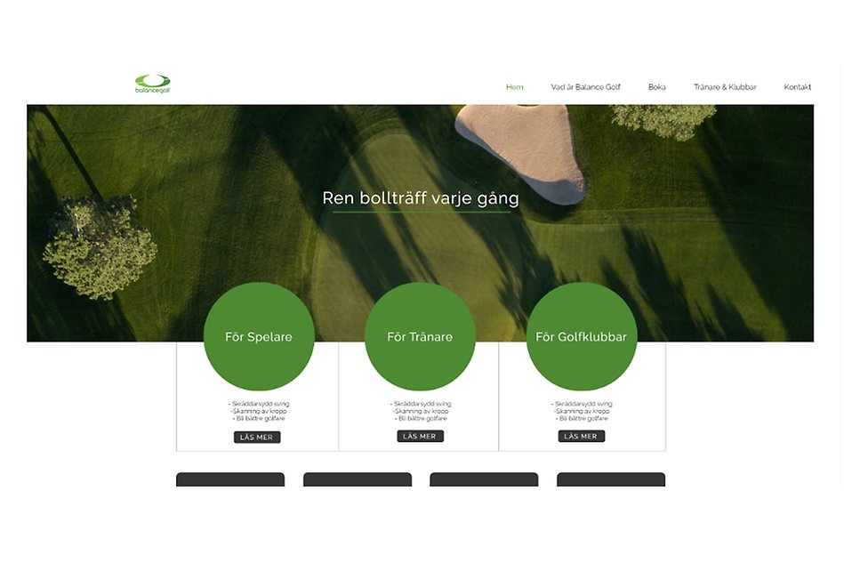 Skärmbild över webbsida för företaget Balance Golf.