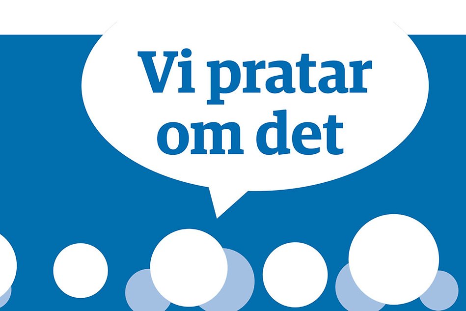 Blå bild med vita bubblor och en pratbubbla som säger Vi pratar om det. Illustration.