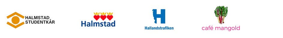 Rad med logotyper för Halmstads studentkår, Halmstads kommun, Hallandstrafiken och Café Mangold.