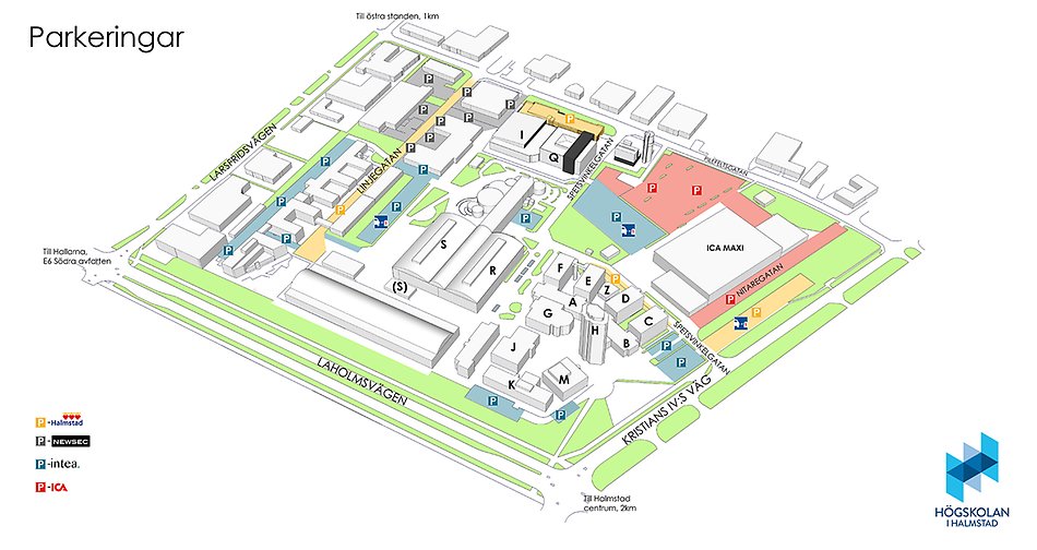 Karta som visar var de olika parkeringsplatserna på campus finns och vilka aktörer som ansvarar för vilka parkeringsplatser. Illustration.