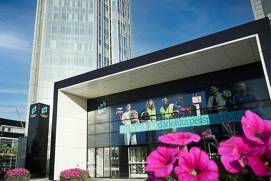 A lower building and a high-rise building. Flowers in the foreground. Photo.