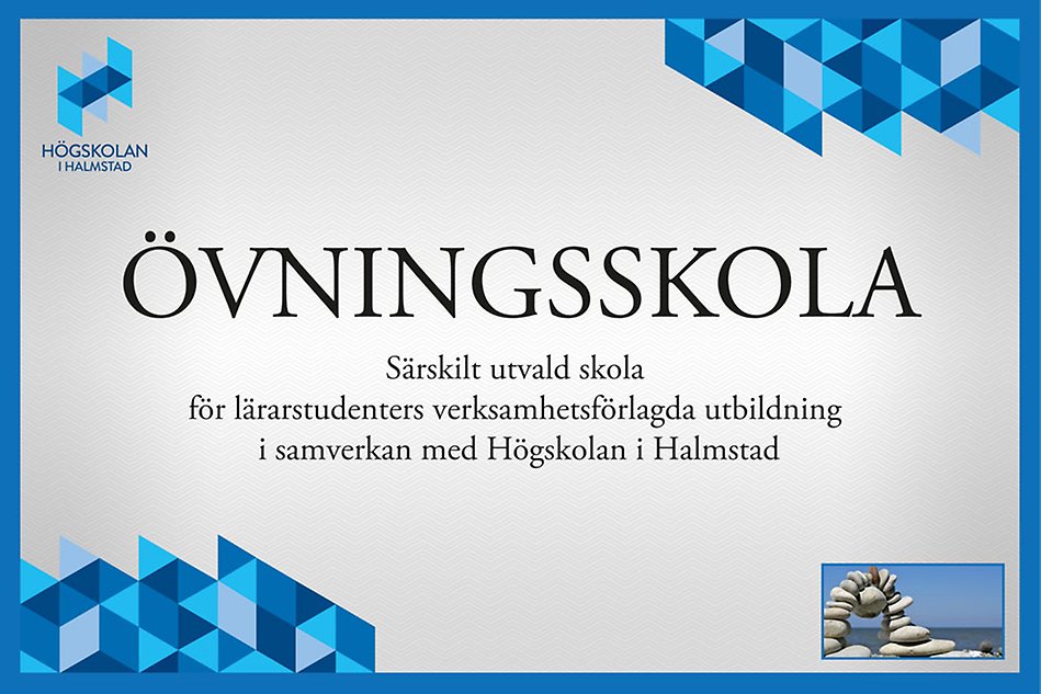 Vit skylt med blåa logotyper och svart text med rubriken övningsskola. Grafisk text. Litet foto på stenar staplade till en bro i nedre högra hörnet.