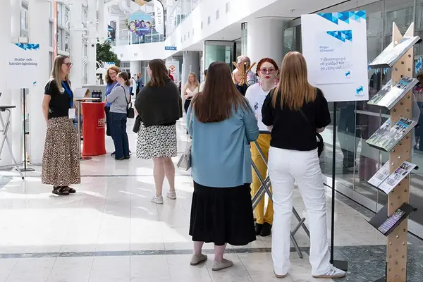 Flera personer står utspridda i en ljus lokal och konverserar i smågrupper. Foto.