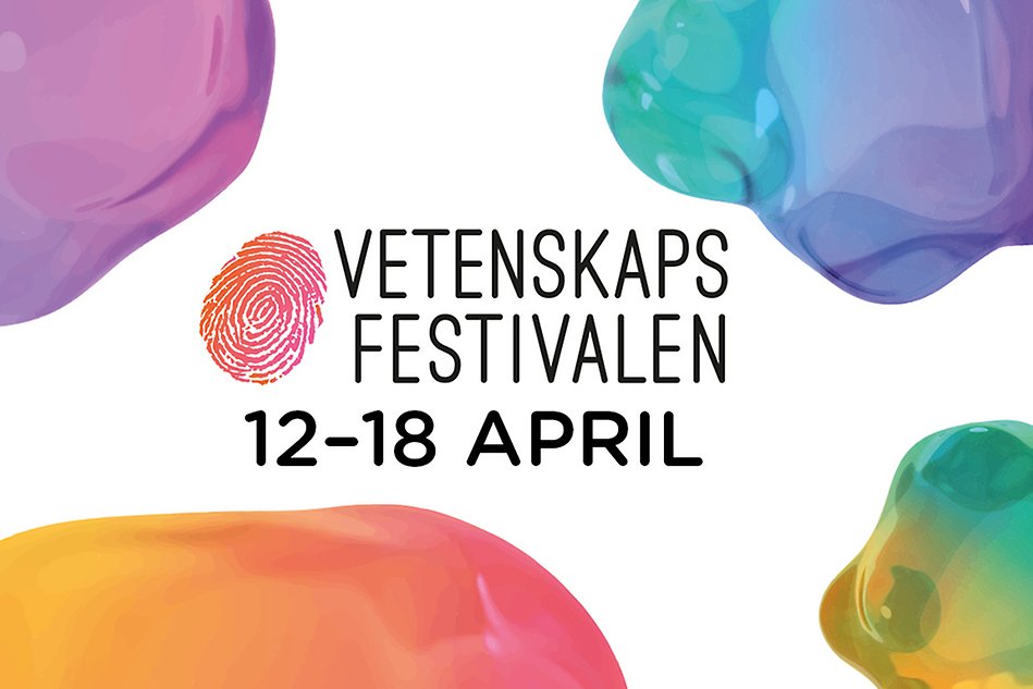 Färgglad logotyp för Vetenskapsfestivalen år 2021 med färgade bubblor i hörnen och texten vetenskapsfestivalen 12–18 april i mitten