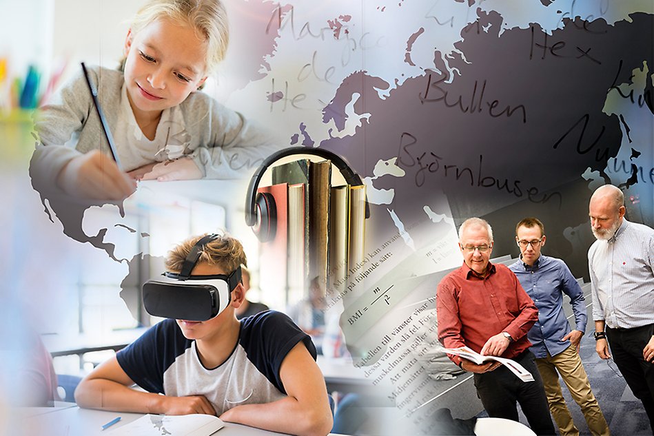 Collage med världskarta, flicka som skriver, kille med VR glasögon, smeknamn skrivna, forskare som kollar i en bok med lärobokstext bakom samt böcker med hörlurar.