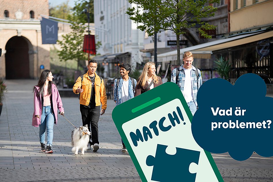 Människor i stan och text Match! och Vad är problemet?. Foto och illustration.