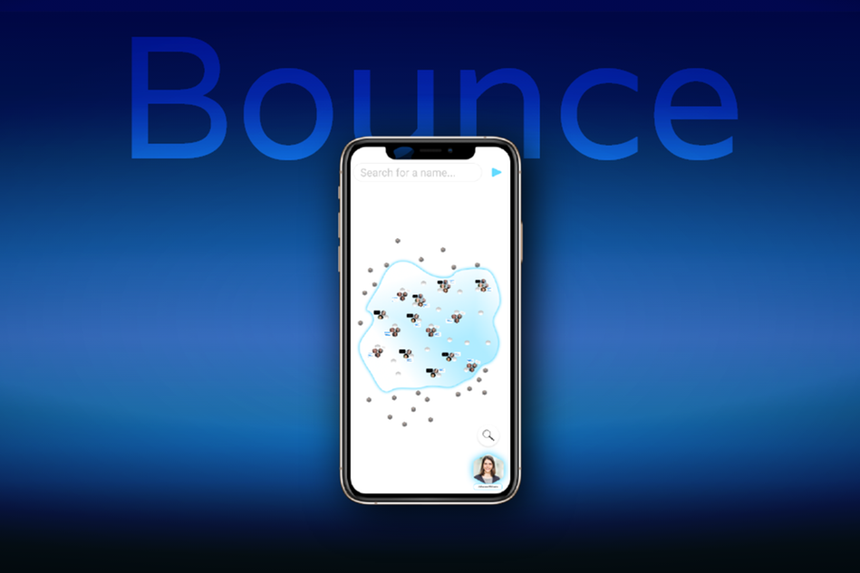 Blå bakgrund med texten Bounce och en mobiltelefon som visar en app på skärmen.